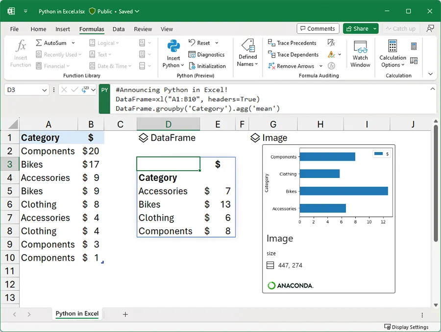 A screenshot of a Microsoft Excel spreadsheet with the new Python for Excel feature enabled.