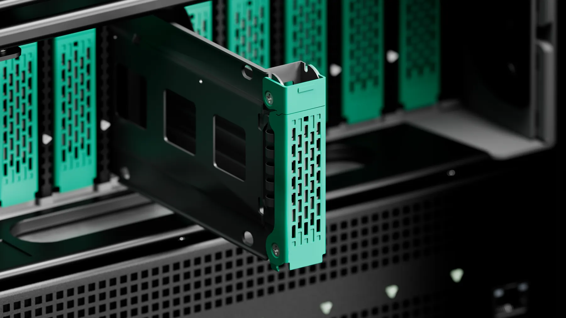 A green storage drive slides out of Oxide's Cloud Computer server.