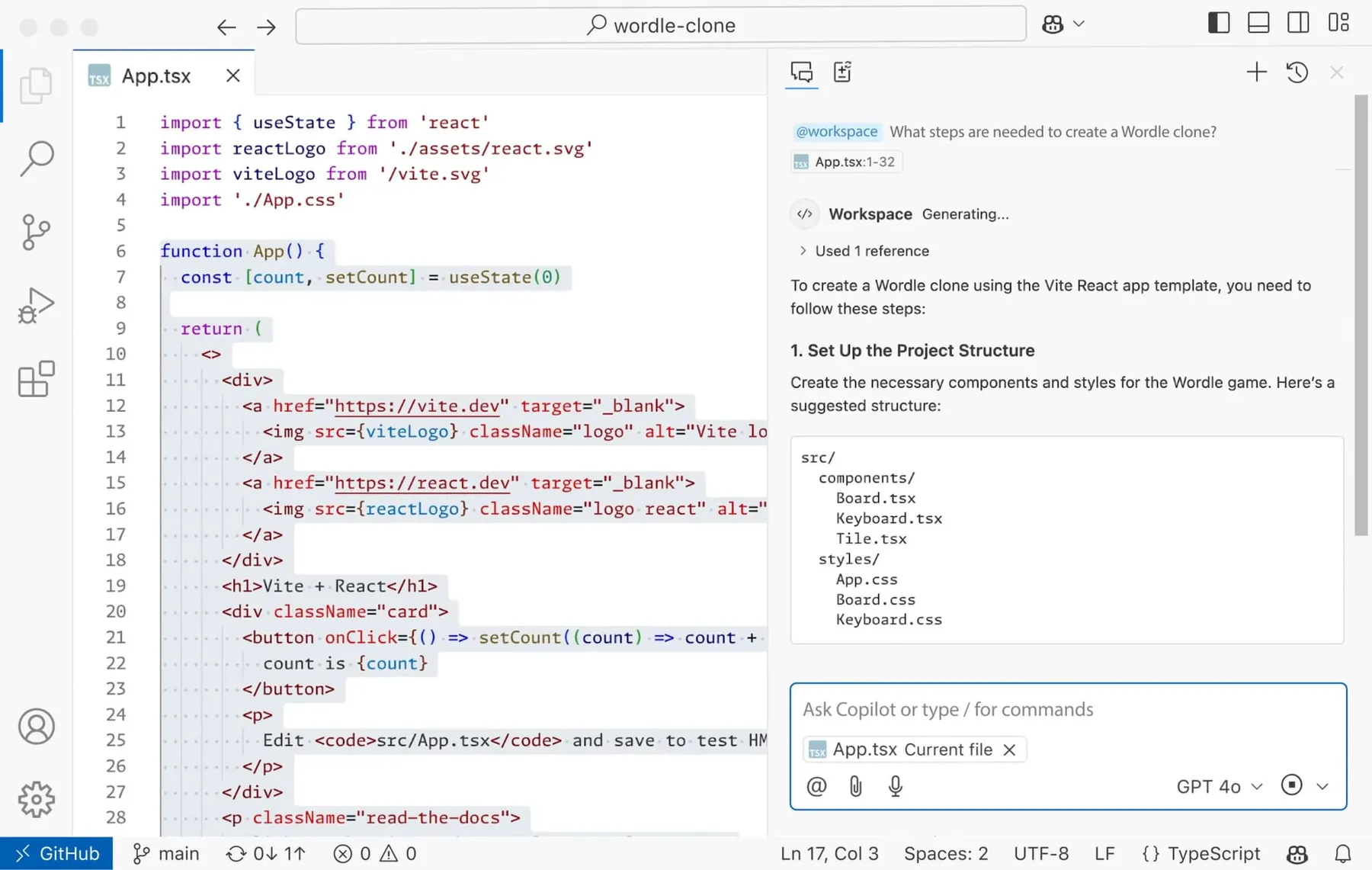a screenshot of visual studio code with code on the left and a GitHub Copilot chat box on the right
