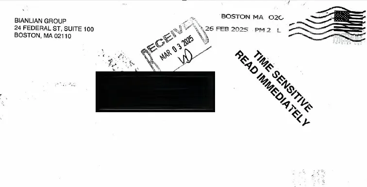 A letter stamped with "TIME SENSITIVE READ IMMEDIATELY" and a return address for "BianLian Group" in Boston