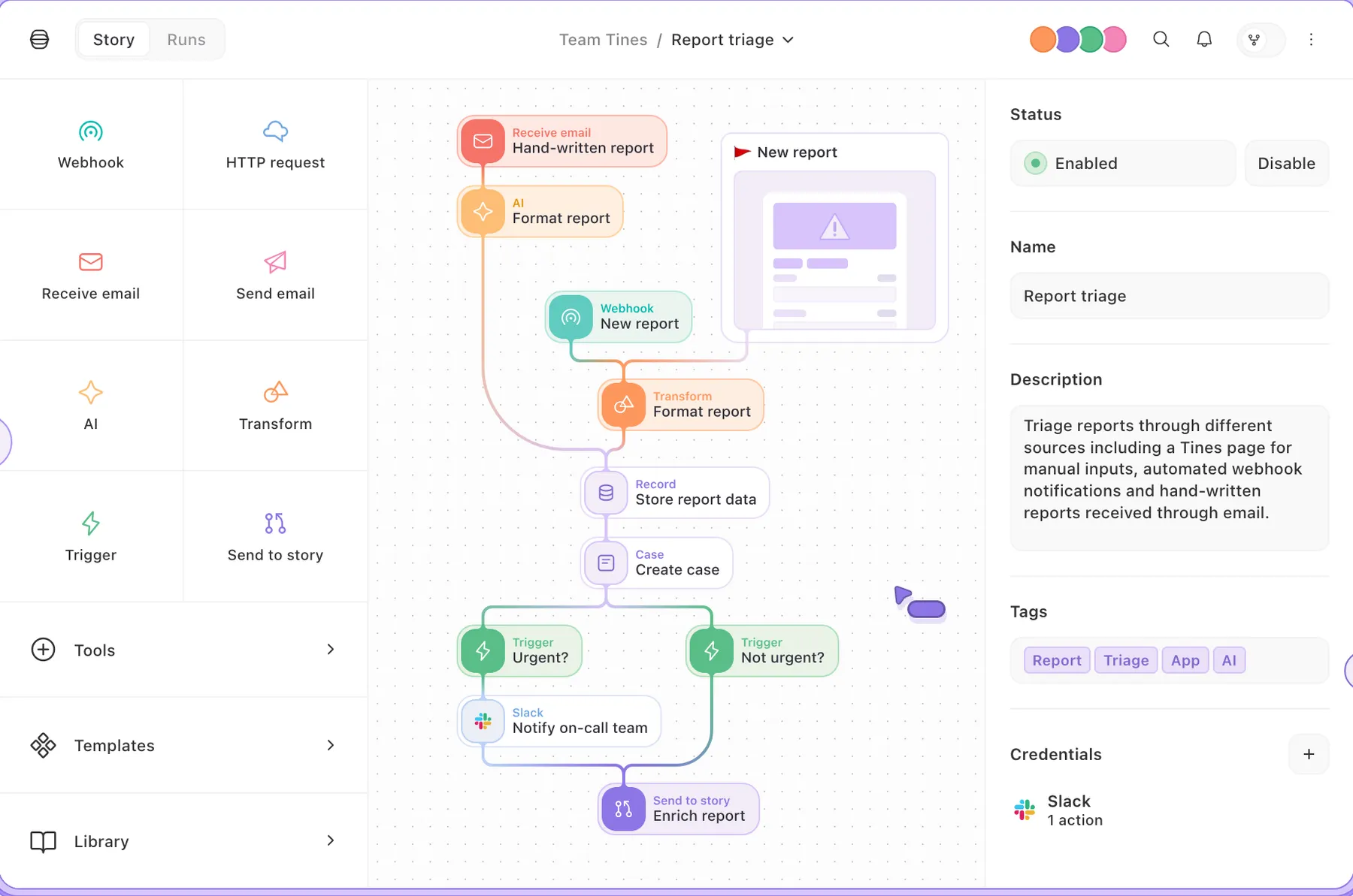 A dashboard for Tines' workflow automation product.