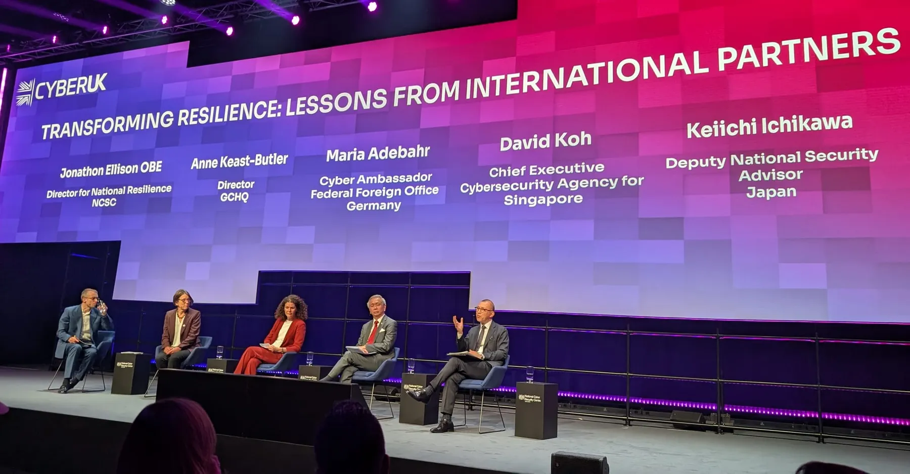 Five members of the CyberUK panel on "Transforming Resilience" sit on stage, including GCHQ Director Anne Keast-Butler