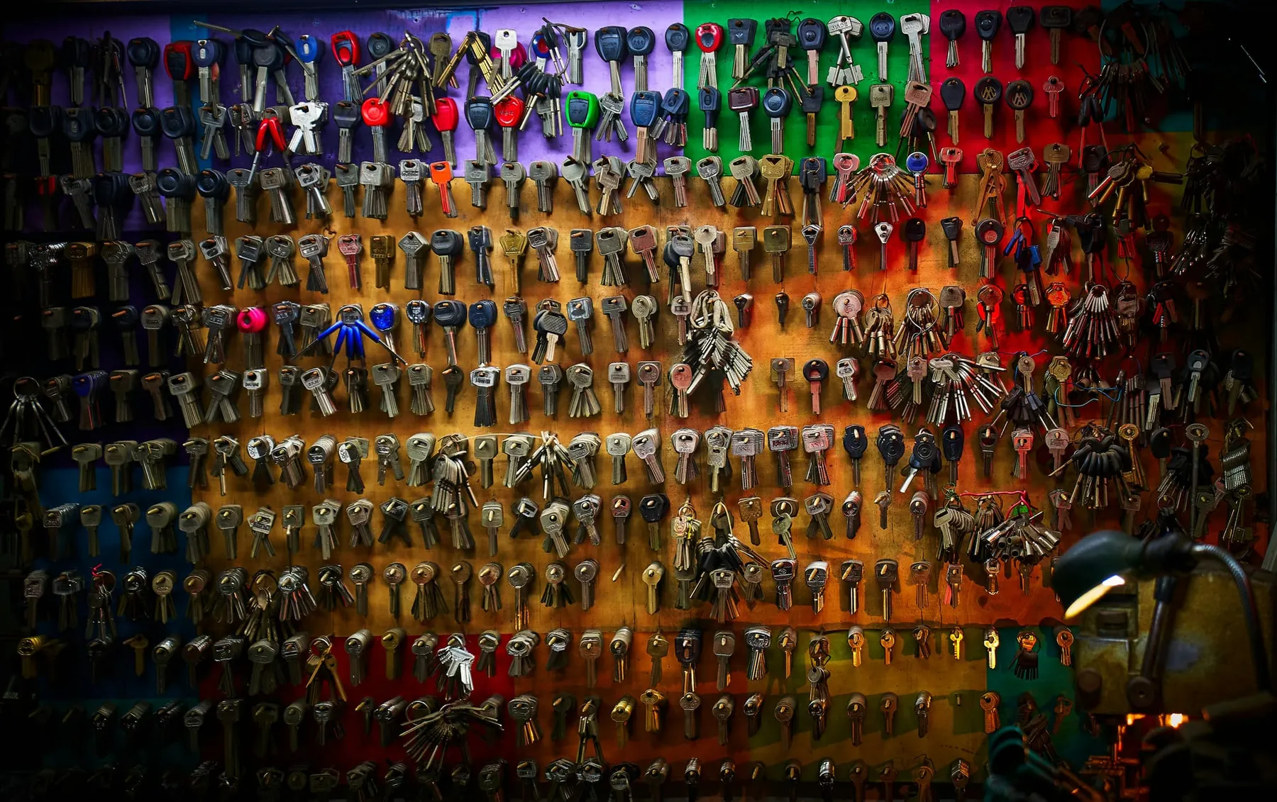 A wall of keys hung up on nails. Meta will roll out passkeys for Facebook and Messenger users, two years after including the option on WhatsApp