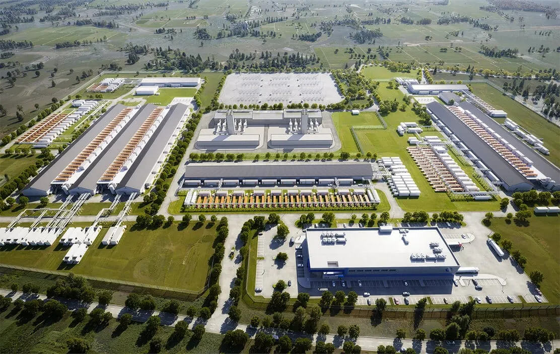 A rendering of an aerial view of a Core Scientific data center in Denton, Texas.