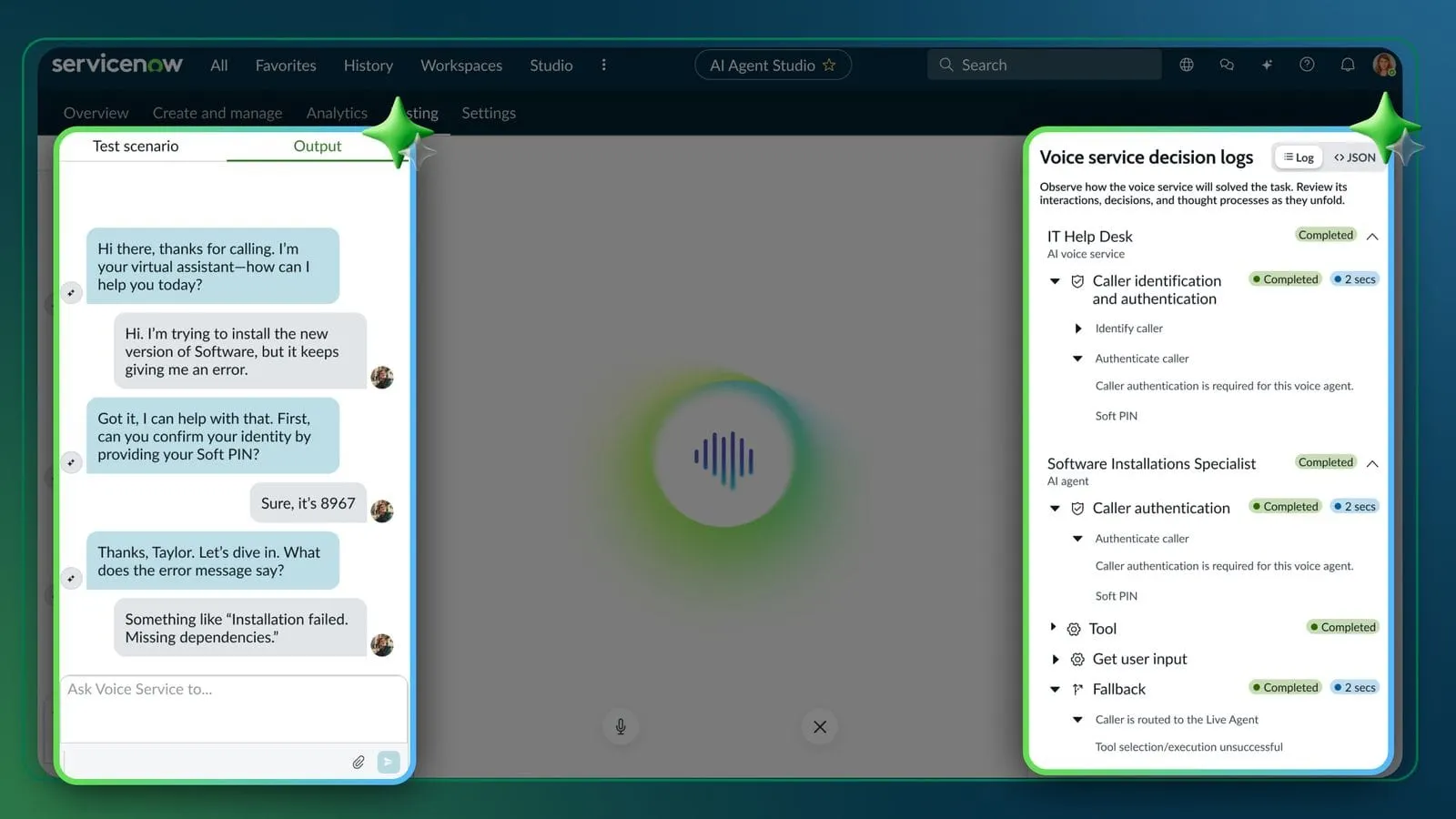 A screenshot of ServiceNow's new AI Experience, with a chatbot interface on the left and logs of past actions on the right.