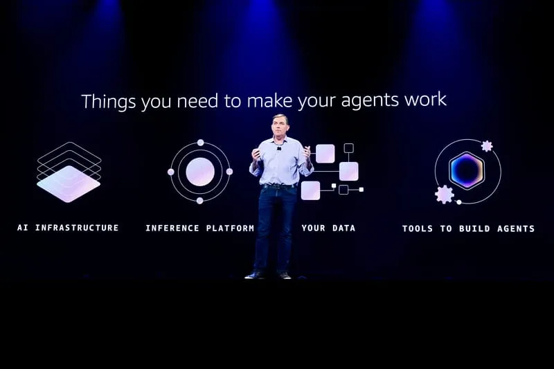 AWS CEO Matt Garman speaks on stage at re:Invent 2025 in front of a slide that sayd "things you need to make your agents work"