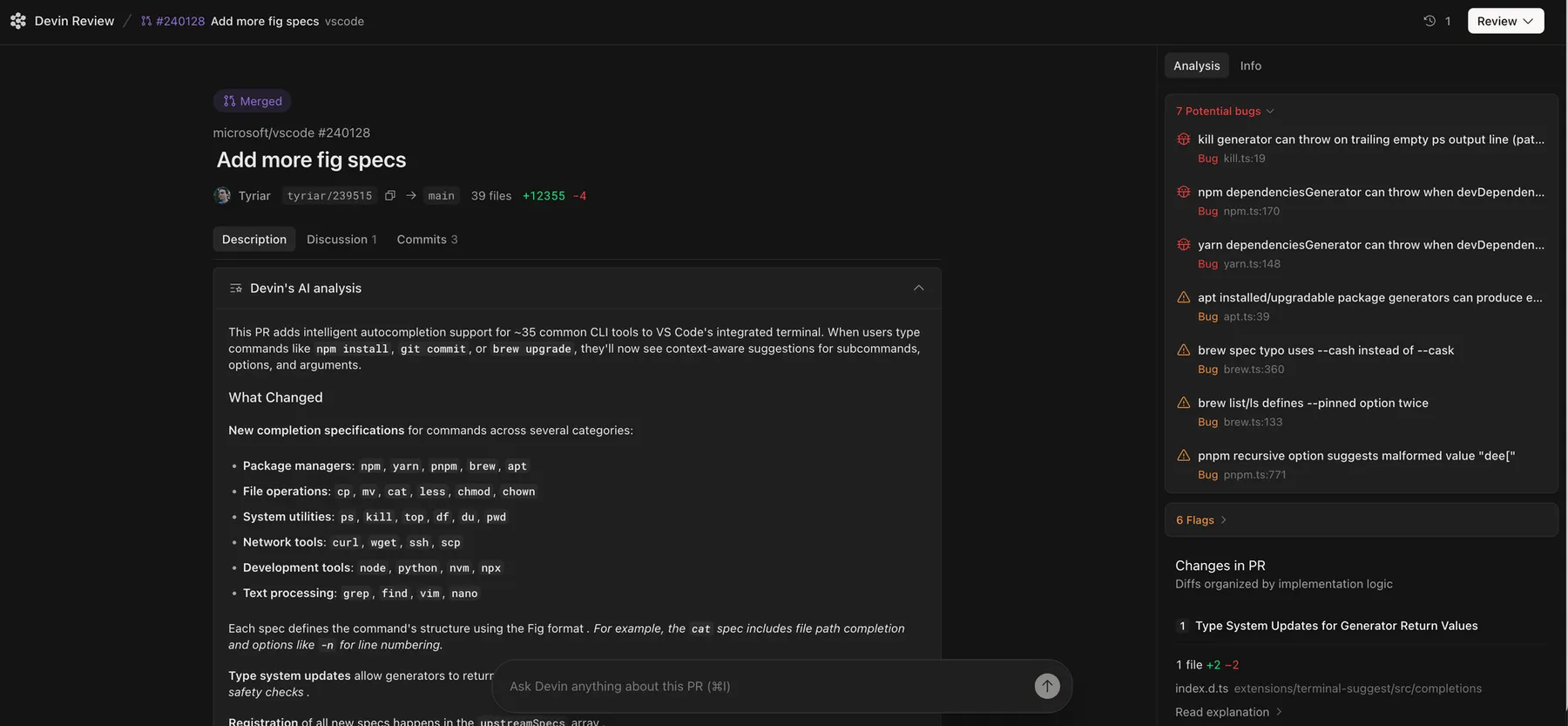 A dashboard for Devin Review with analysis of a pull request.