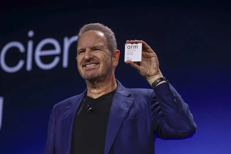 Arm CEO Rene Haas holds up the Arm AGI CPU