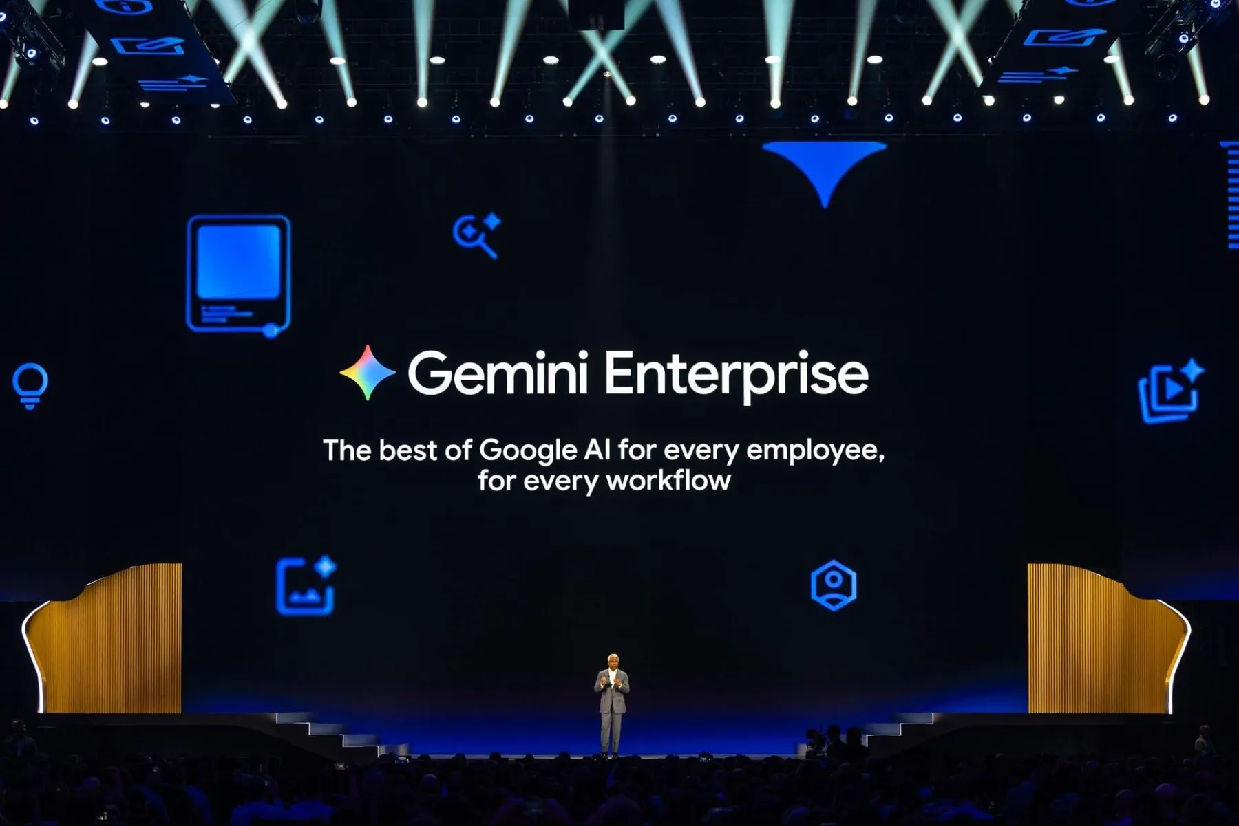 Google Cloud CEO Thomas Kurian speaks at Google Cloud Next 2026 in front of a slide promoting Gemini Enterprise
