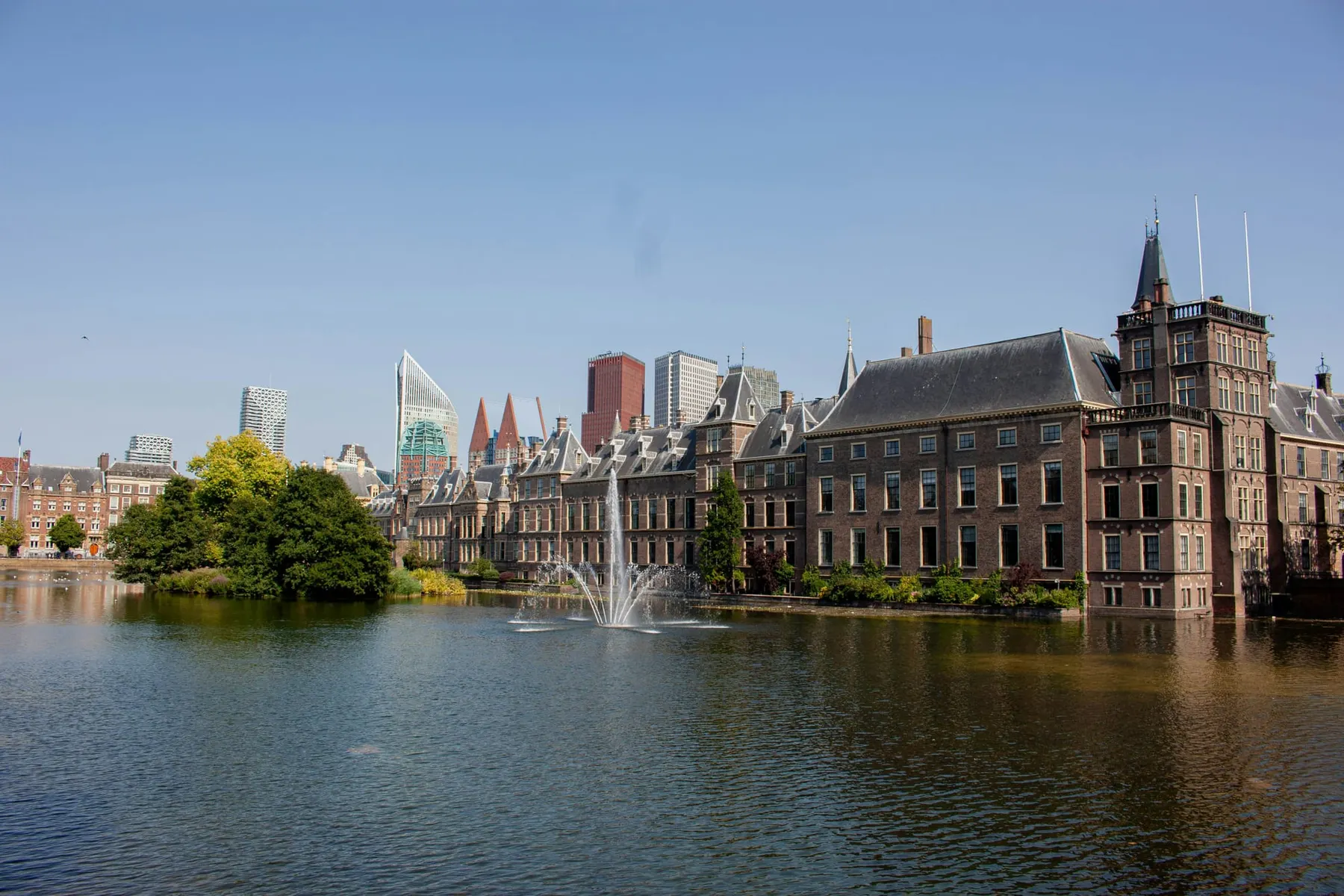 Dutch parliament building "Binnenhof" seen from across the river.