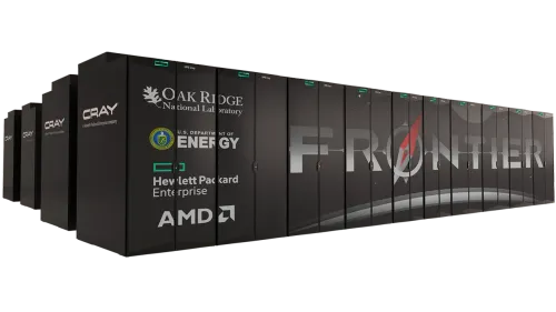 AMD's Frontier supercomputer is a long, large black cabinet with thousands of processors inside.