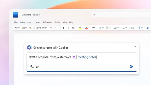 An example of Microsoft 365 Copilot being used in Microsoft word to draft a proposal from yesterday's meeting notes.