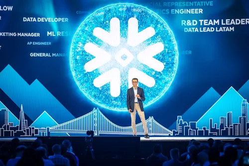 Snowflake CEO Sridhar Ramaswamy speaks on stage Monday at the Snowflake Data Cloud Summit. 