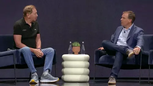 Oracle co-founder and CTO Larry Ellison (left) with AWS CEO Matt Garman on stage at Oracle CloudWorld 2024