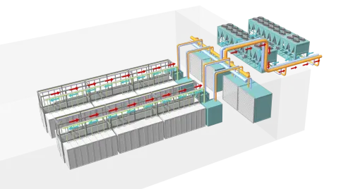 Visualization of a closed-loop cooling system for data centers that moves water between chips on servers and cooling units.