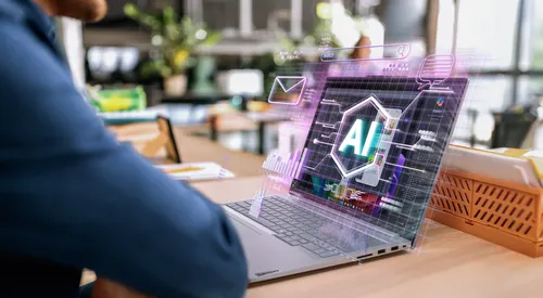 A Lenovo laptop with a graphic overlay highlighting its cloud services and AI capabilities