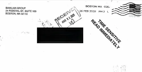 A letter stamped with "TIME SENSITIVE READ IMMEDIATELY" and a return address for "BianLian Group" in Boston
