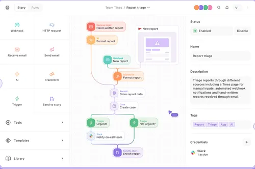 A dashboard for Tines' workflow automation product.
