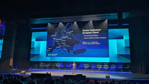 Zscaler CEO Jay Chaudry stands on stage at Zenith Live with a Data Sovereignty graphic for Europe on the screen behind him.