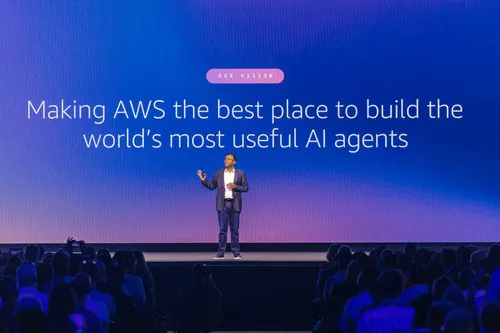 AWS's Swami Sivasubramanian speaks on stage in New York at an event.