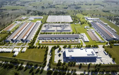 A rendering of an aerial view of a Core Scientific data center in Denton, Texas.