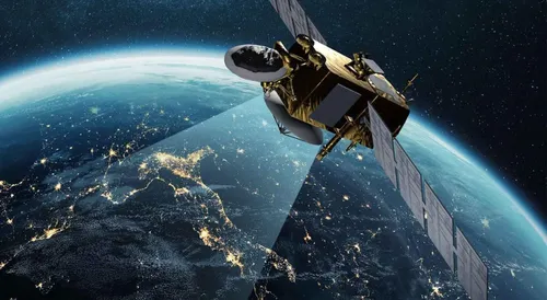 A graphic showing an SES satellite beaming down on earth over Europe.