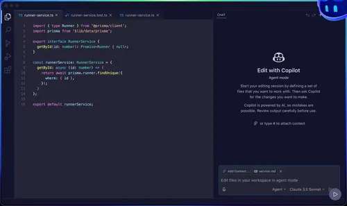 A screenshot of GitHub Copilot, with a coding editor on the left and a chat interface on the right.