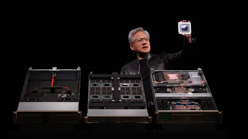 NVIDIA CEO Jensen Huang displays NVIDIA CPU hardware at its GTC even
