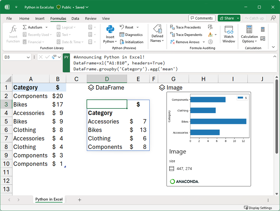 A screenshot of a Microsoft Excel spreadsheet with the new Python for Excel feature enabled.