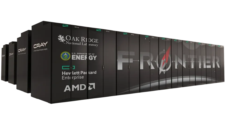 AMD's Frontier supercomputer is a long, large black cabinet with thousands of processors inside.