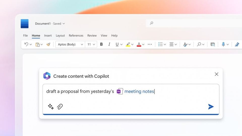 An example of Microsoft 365 Copilot being used in Microsoft word to draft a proposal from yesterday's meeting notes.