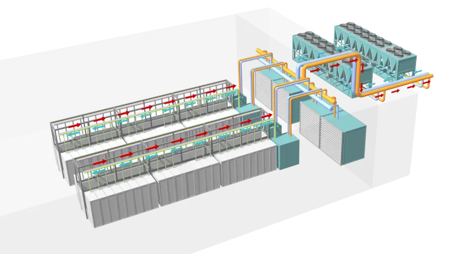 Visualization of a closed-loop cooling system for data centers that moves water between chips on servers and cooling units.