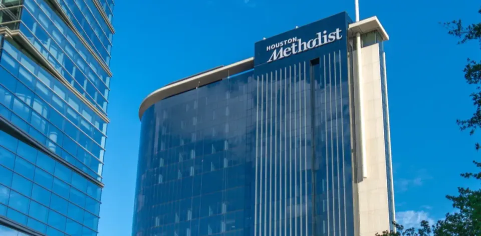 A hospital building on the campus of Houston Methodist.