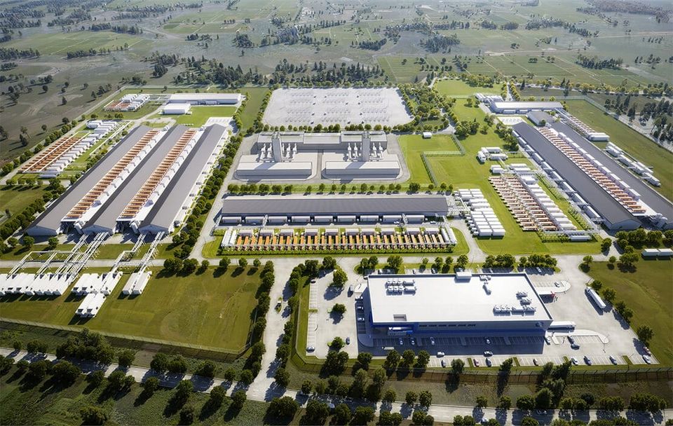 A rendering of an aerial view of a Core Scientific data center in Denton, Texas.