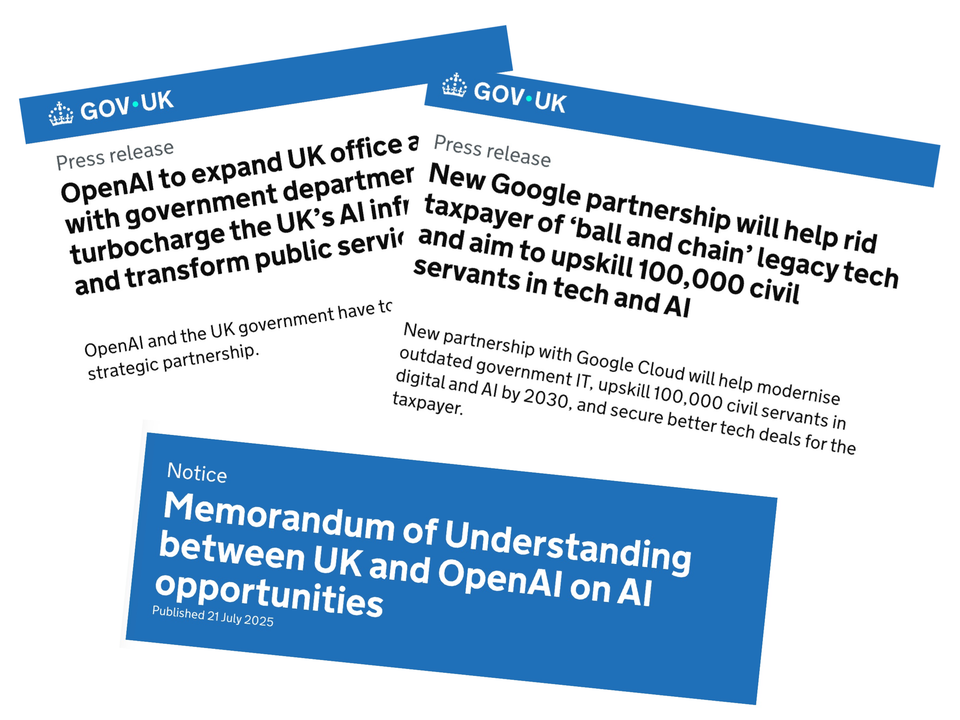 Screenshots of the government's press releases for its memorandum of understanding with OpenAI