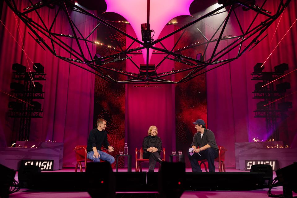 Deliveroo CEO Mikki Kuusi, EU Tech Commissioner Henna Virkkunen and EU-Inc co-founder Andreas Klinger on stage at Slush