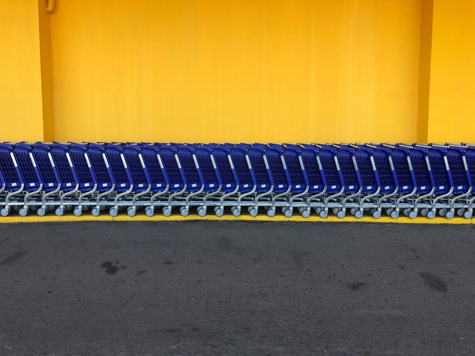 Shopping trolleys lined up outside Walmart