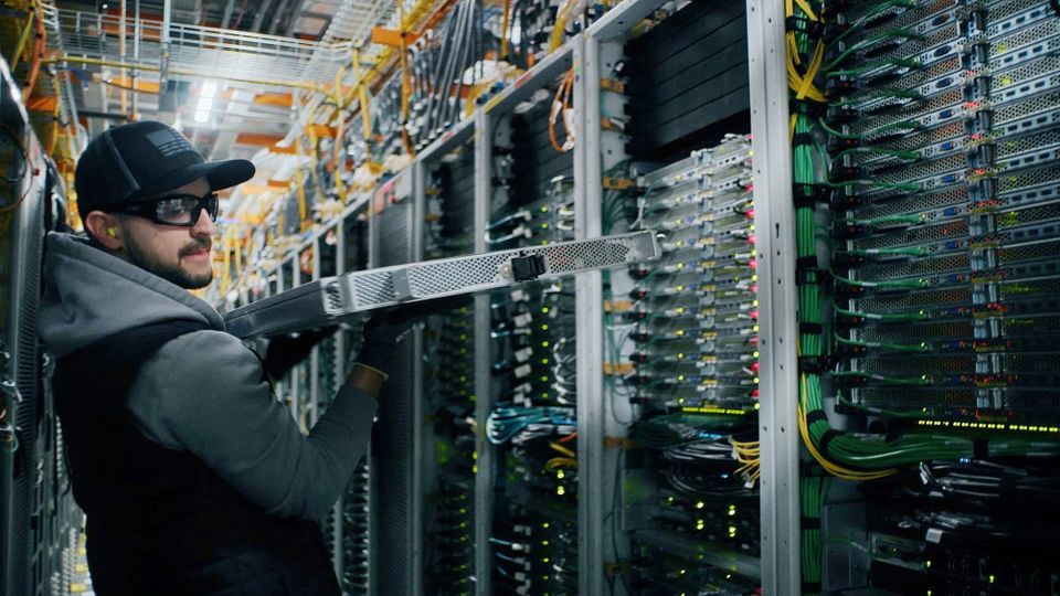 A technical installs a server in a rack inside an AWS data center.