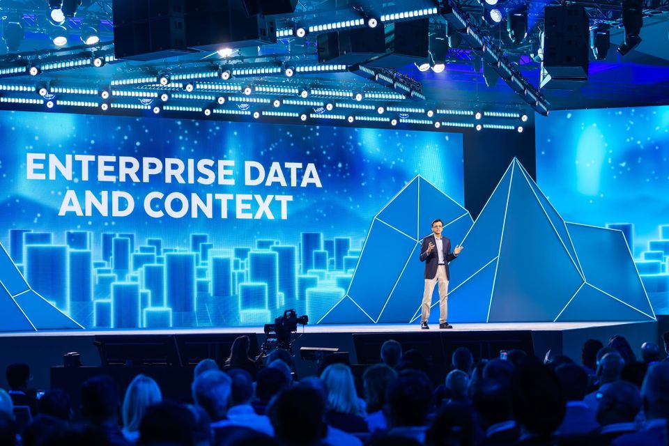 Snowflake CEO Sridhar Ramaswamy speaks Monday at Snowflake Summit 2026 in front of a slide that reads "enterprise data and context."