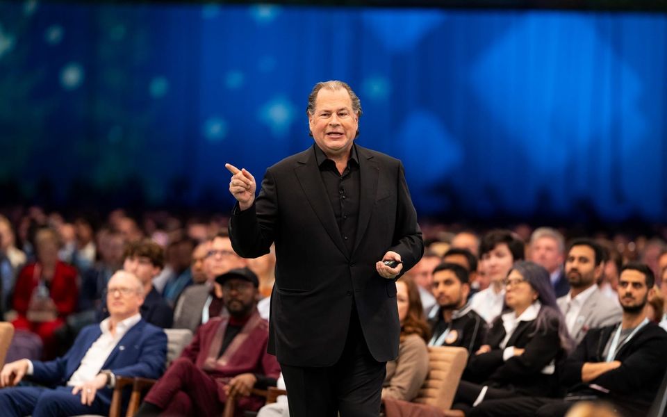 Salesforce CEO Marc Benioff presenting in front of a crowd