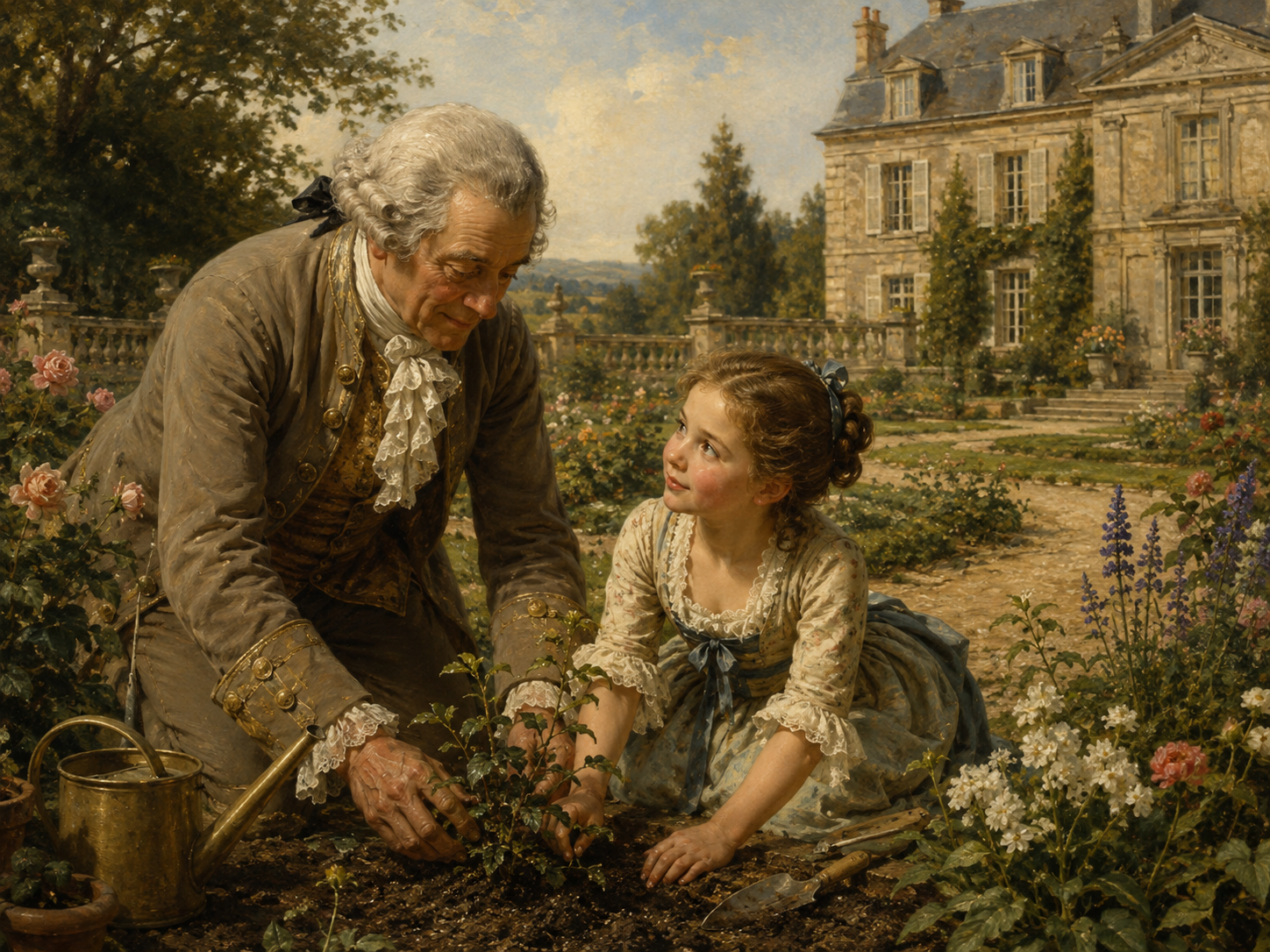 Illustration of a young Henriette with her grandfather at his country estate during the summer