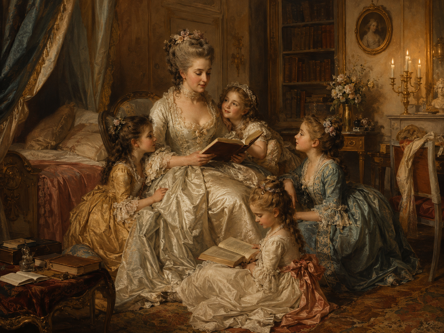 Henriette reading and talking with her children in her bedroom chambers