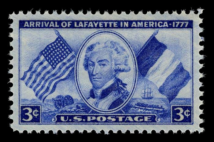 This US stamp, issued 1952, commemorates the 175th anniversary of the arrival of Lafayette in America.&nbsp;