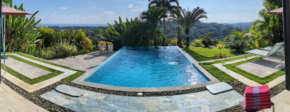 A small terrace with an infinity pool and seating on either side overlooking the rainforest and the Pacific ocean.
