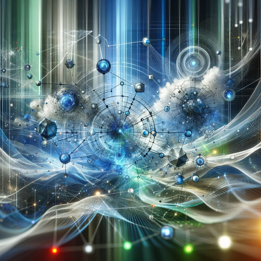 Illustration of multiple AI agents collaborating in a complex network