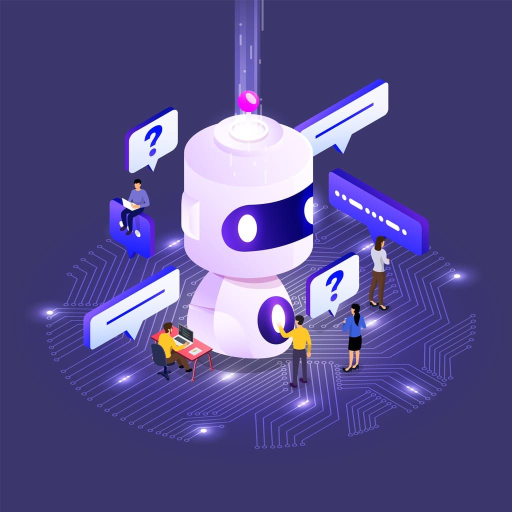 illustrated image of people interacting with a robot in text based conversation