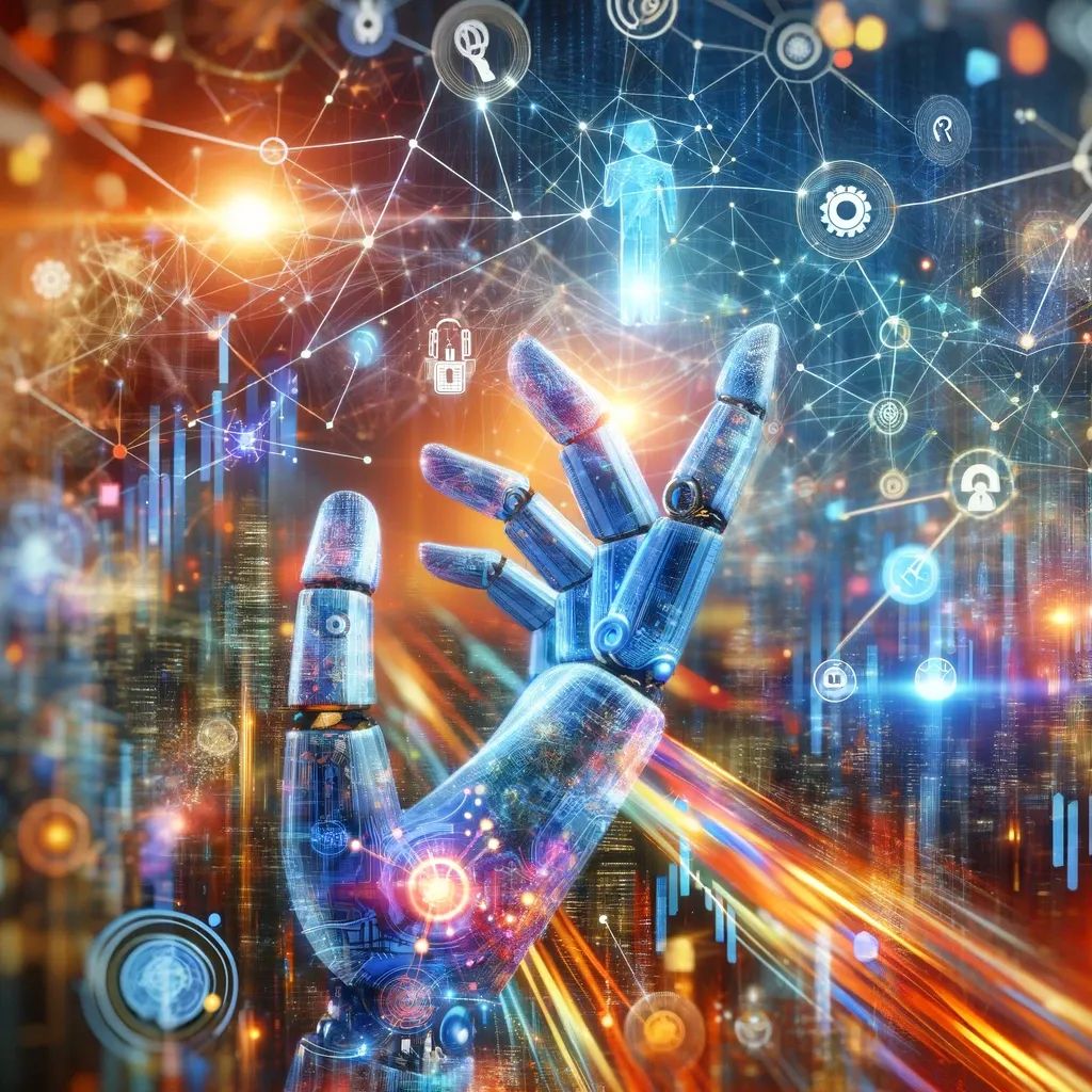 Robotic hand, digital networks, interconnected nodes, and data streams in a vibrant, futuristic cityscape