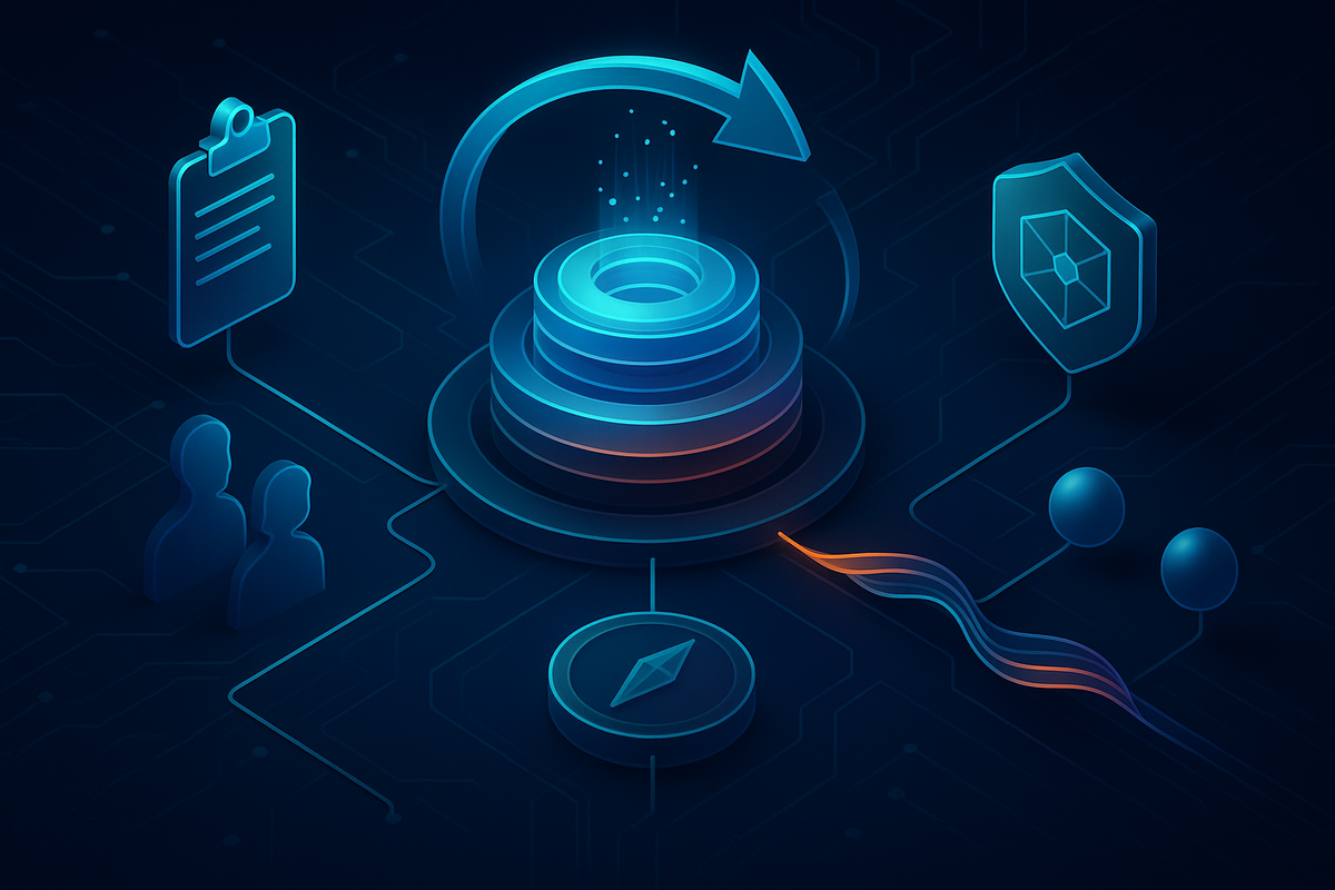 Abstract illustration for 'The Business Brain: Memory as Your Moat' showing connected memory layers in a business context