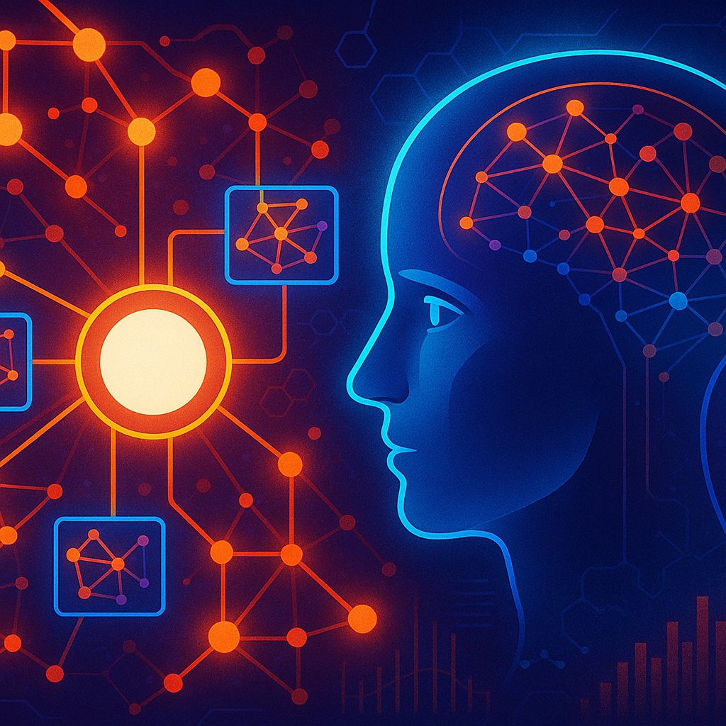 Abstract illustration of dynamic guilds assembling themselves like a fluid organizational network
