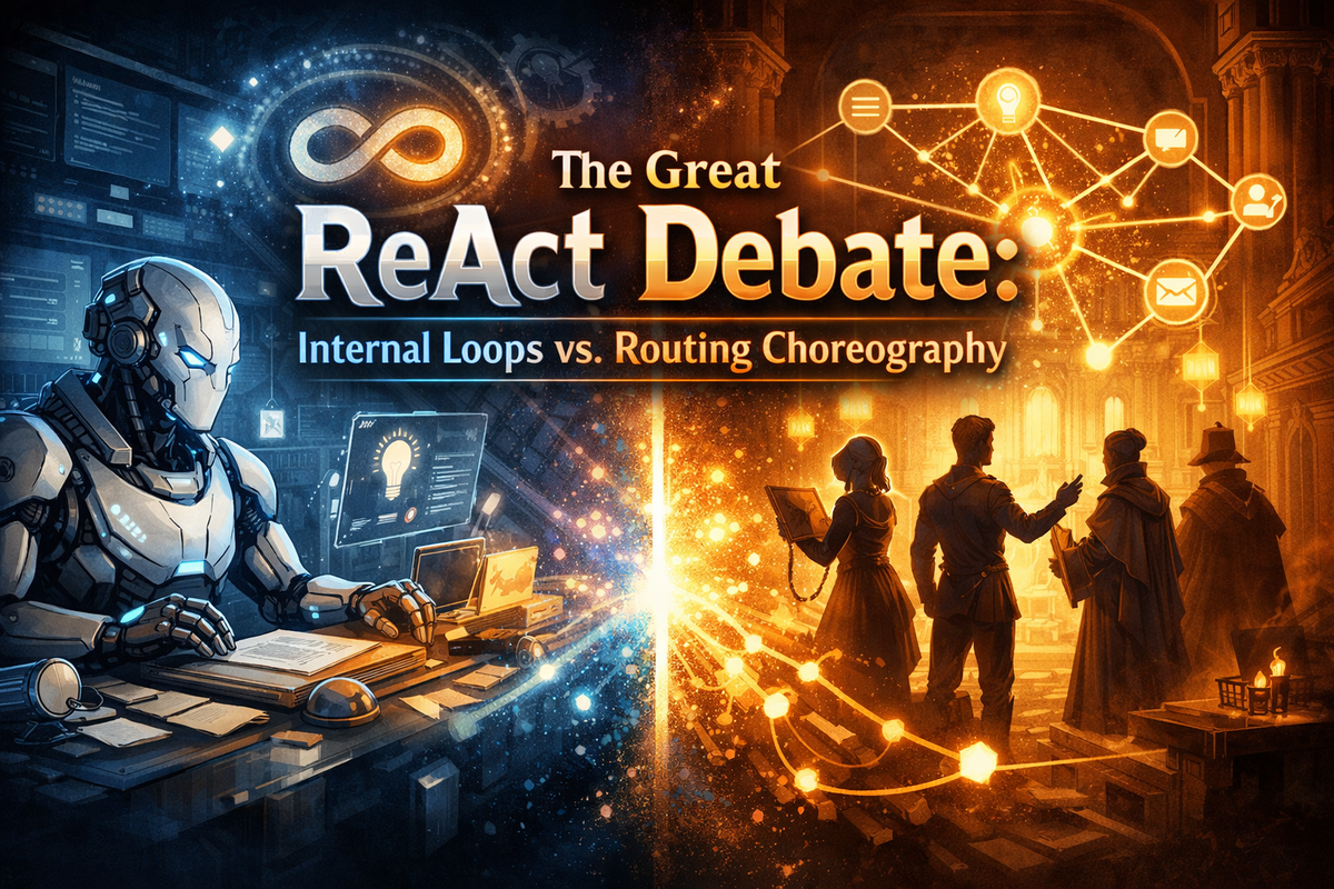 Conceptual illustration contrasting internal AI reasoning with coordinated routing workflows in a debate-themed visual